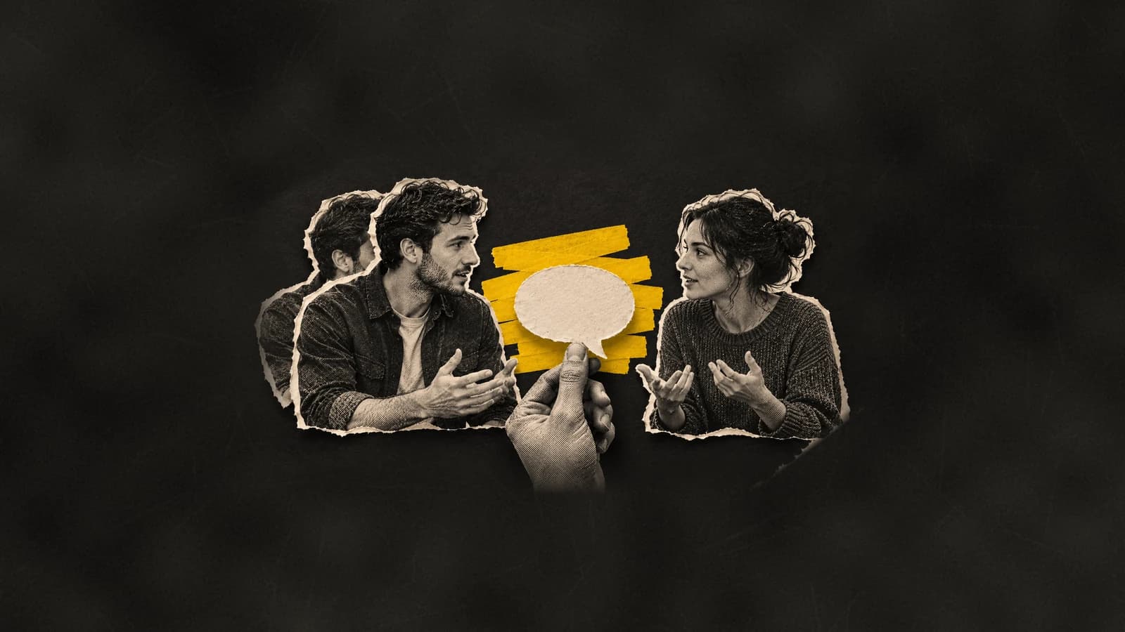 Two paper-cut adults face each other, with an offset duplicate of one person and a hand holding a blank speech bubble over yellow strokes.