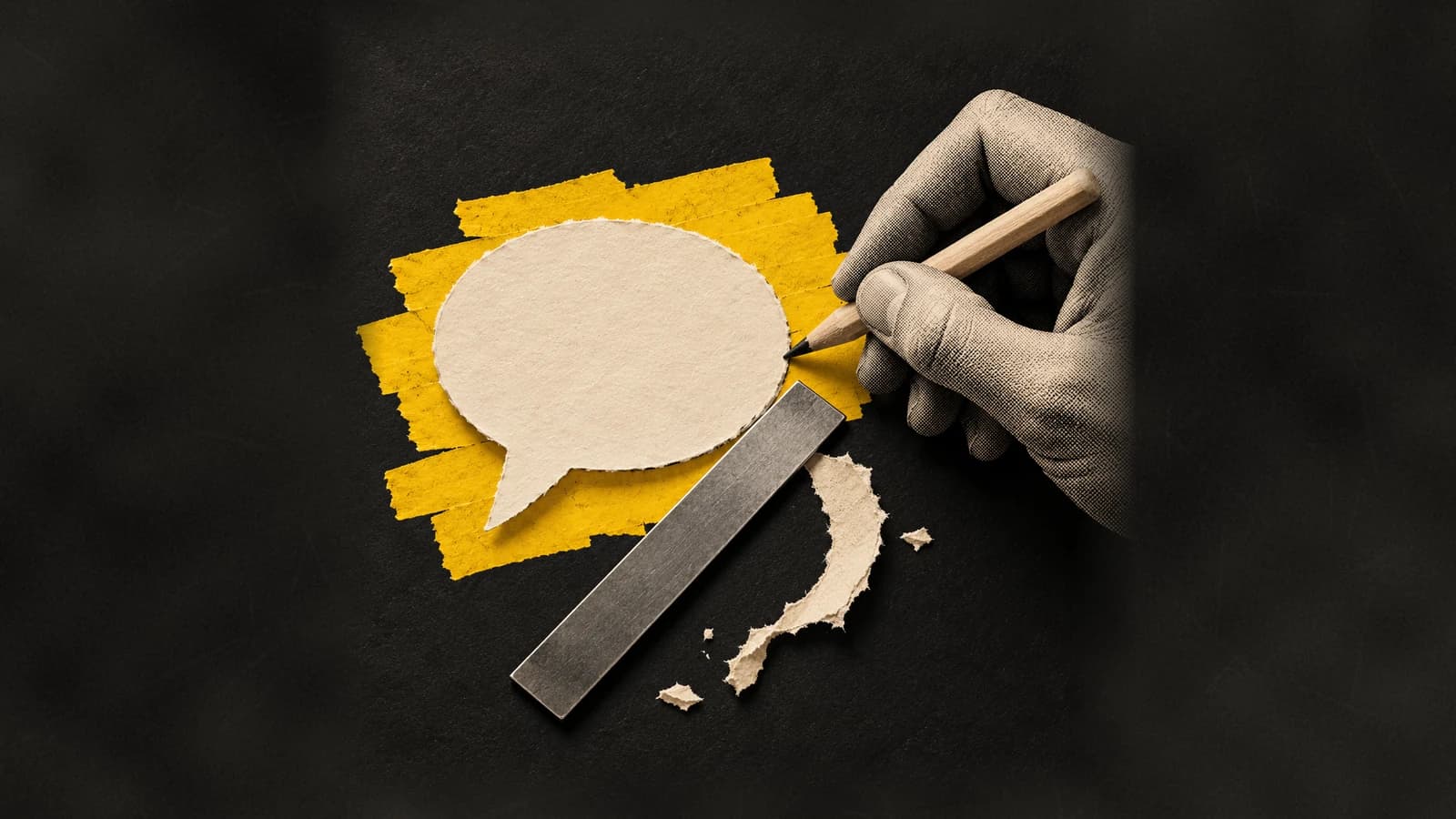 A halftone hand uses a wooden pencil beside a blank paper speech bubble, a metal straightedge and torn offcuts on yellow and charcoal paper.